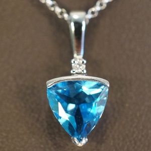 14KW Gold Genuine Topaz & Diamond Pendant W/Chain
